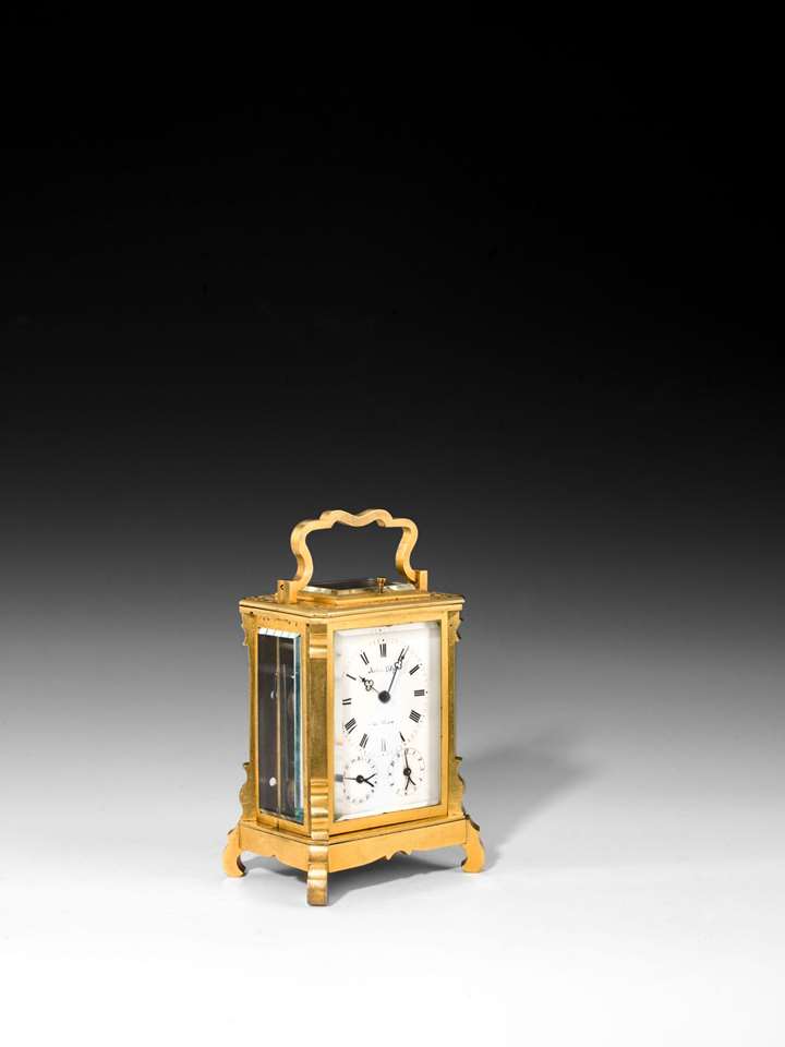 BIEDERMEIER CARRIAGE CLOCK WITH DATE, ALARM AND CASE